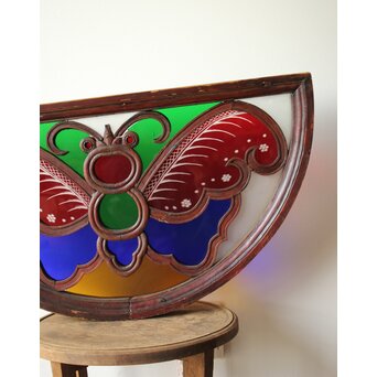 養蚕 多種と切子色ガラスのステンドグラス明り取り　Y050 