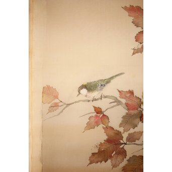 松林桂月 紅葉に鳥 絹本まくり　Z509 