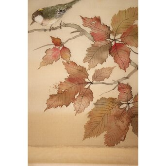 松林桂月 紅葉に鳥 絹本まくり　Z509 