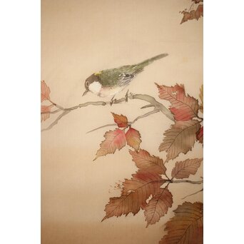松林桂月 紅葉に鳥 絹本まくり　Z509 