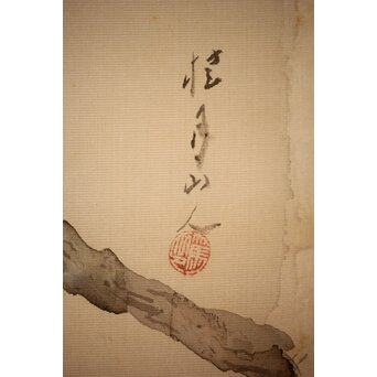 松林桂月 紅葉に鳥 絹本まくり　Z509 