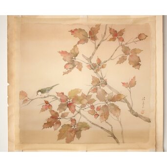 松林桂月 紅葉に鳥 絹本まくり　Z509 