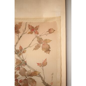 松林桂月 紅葉に鳥 絹本まくり　Z509 