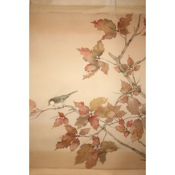 松林桂月 紅葉に鳥 絹本まくり　Z509 
