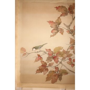 松林桂月 紅葉に鳥 絹本まくり　Z509 