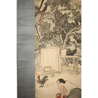 森田恒友「下総の村」掛軸 共箱　Z512 