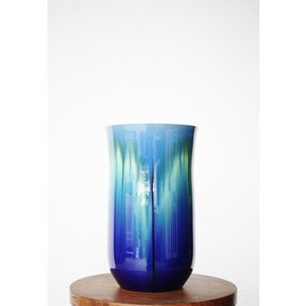 人間国宝 三代徳田八十吉作 金文字銘 碧明燿彩花器 所載品 本人サイン付　P480