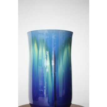 人間国宝 三代徳田八十吉作 金文字銘 碧明燿彩花器 所載品 本人サイン付　P480 