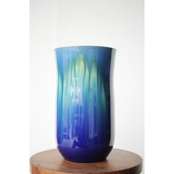 人間国宝 三代徳田八十吉作 金文字銘 碧明燿彩花器 所載品 本人サイン付　P480 