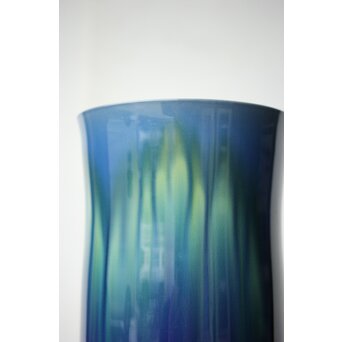 人間国宝 三代徳田八十吉作 金文字銘 碧明燿彩花器 所載品 本人サイン付　P480 