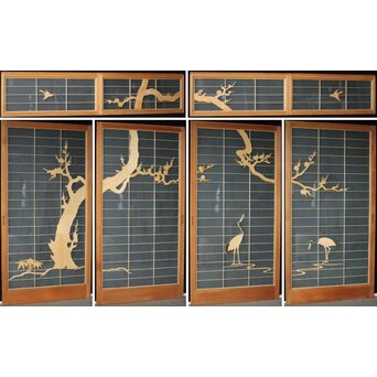 両面ガラス建具 梅に鶴 上下8枚1組　GD0222Y