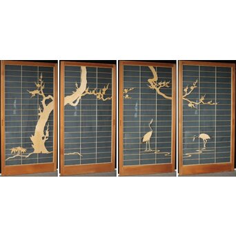 両面ガラス建具 梅に鶴 上下8枚1組　GD0222Y 