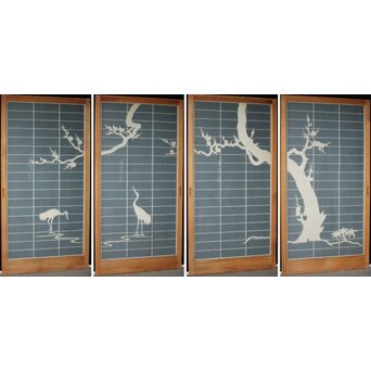 両面ガラス建具 梅に鶴 上下8枚1組　GD0222Y 
