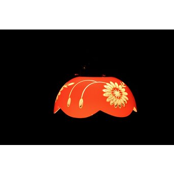 稀品 大正期 金赤 桃色切子花文電笠 照明　A476 