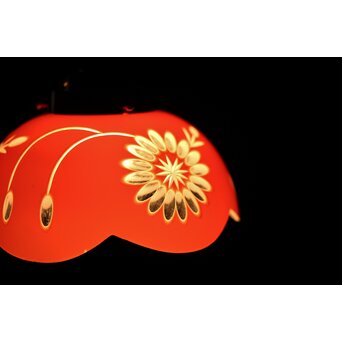 稀品 大正期 金赤 桃色切子花文電笠 照明　A476 