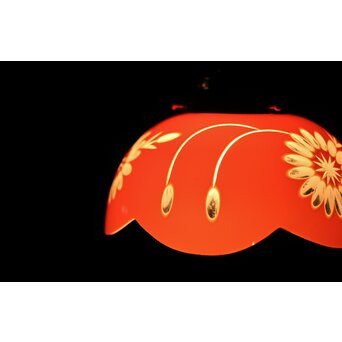 稀品 大正期 金赤 桃色切子花文電笠 照明　A476 