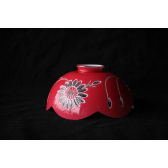 稀品 大正期 金赤 桃色切子花文電笠 照明　A476 