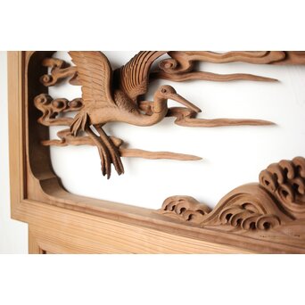 井波彫刻 野村清雲 細密木彫雲鶴 欄間 2枚1組　R0411Y 