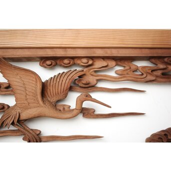 井波彫刻 野村清雲 細密木彫雲鶴 欄間 2枚1組　R0411Y 