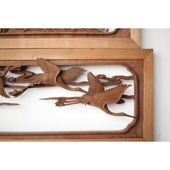 井波彫刻 野村清雲 細密木彫雲鶴 欄間 2枚1組　R0411Y 