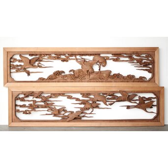 井波彫刻 野村清雲 細密木彫雲鶴 欄間 2枚1組　R0411Y