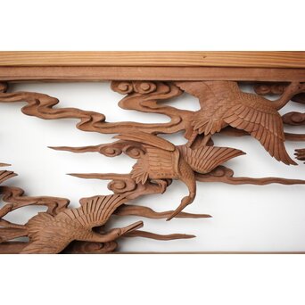 井波彫刻 野村清雲 細密木彫雲鶴 欄間 2枚1組　R0411Y 雲の間を舞う鶴