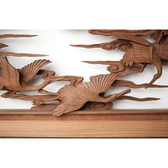井波彫刻 野村清雲 細密木彫雲鶴 欄間 2枚1組　R0411Y 