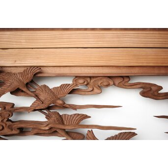 井波彫刻 野村清雲 細密木彫雲鶴 欄間 2枚1組　R0411Y 