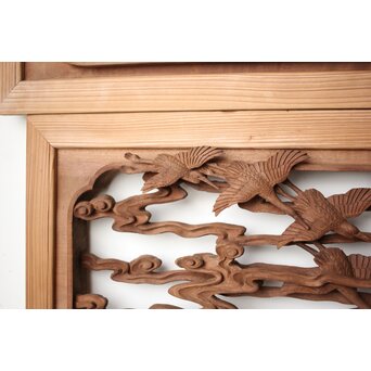 井波彫刻 野村清雲 細密木彫雲鶴 欄間 2枚1組　R0411Y 左に行くにつれ　奥行きを感じる　鶴に大小を付けています