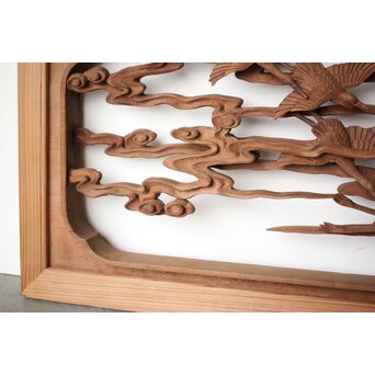 井波彫刻 野村清雲 細密木彫雲鶴 欄間 2枚1組　R0411Y 