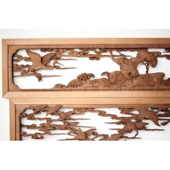 井波彫刻 野村清雲 細密木彫雲鶴 欄間 2枚1組　R0411Y 