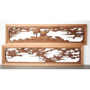 井波彫刻 野村清雲 細密木彫雲鶴 欄間 2枚1組　R0411Y B面　両面彫で雲の裏からの表現