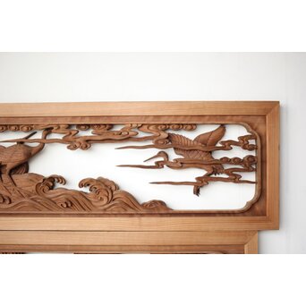 井波彫刻 野村清雲 細密木彫雲鶴 欄間 2枚1組　R0411Y 