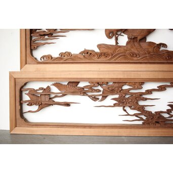 井波彫刻 野村清雲 細密木彫雲鶴 欄間 2枚1組　R0411Y 