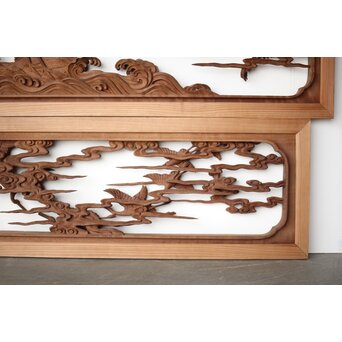 井波彫刻 野村清雲 細密木彫雲鶴 欄間 2枚1組　R0411Y 