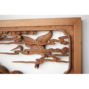 井波彫刻 野村清雲 細密木彫雲鶴 欄間 2枚1組　R0411Y 