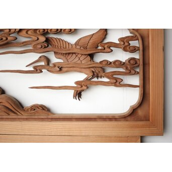 井波彫刻 野村清雲 細密木彫雲鶴 欄間 2枚1組　R0411Y 