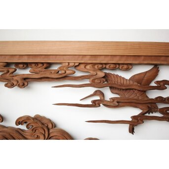 井波彫刻 野村清雲 細密木彫雲鶴 欄間 2枚1組　R0411Y 