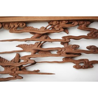 井波彫刻 野村清雲 細密木彫雲鶴 欄間 2枚1組　R0411Y 