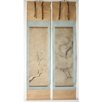 維明周奎 梅図 双幅 絹本 掛軸　Z522