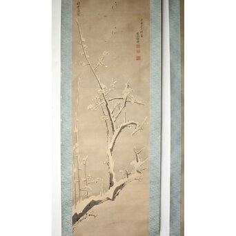 維明周奎 梅図 双幅 絹本 掛軸　Z522 
