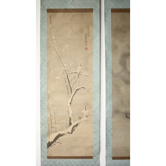 維明周奎 梅図 双幅 絹本 掛軸　Z522 