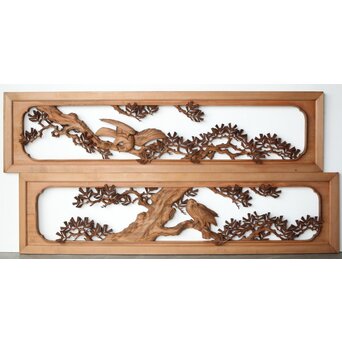 井波彫刻 横山一夢 榧 鷹松木彫欄間 2枚1組　R0418Y