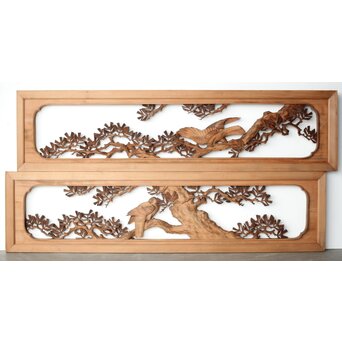 井波彫刻 横山一夢 榧 鷹松木彫欄間 2枚1組　R0418Y 