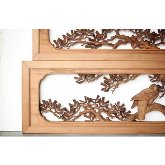 井波彫刻 横山一夢 榧 鷹松木彫欄間 2枚1組　R0418Y 