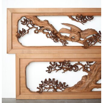 井波彫刻 横山一夢 榧 鷹松木彫欄間 2枚1組　R0418Y 