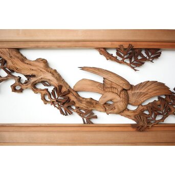 井波彫刻 横山一夢 榧 鷹松木彫欄間 2枚1組　R0418Y 