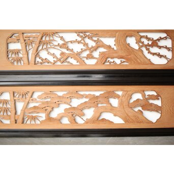 中型 黒枠松竹梅木彫欄間 2枚1組　R0423 