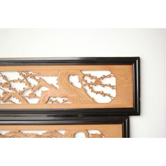 中型 黒枠松竹梅木彫欄間 2枚1組　R0423 