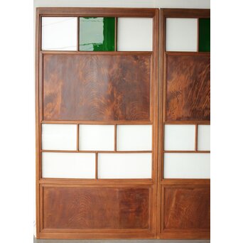 クリアと緑色ガラスの堅木建具 2枚1組　GD0237Y 